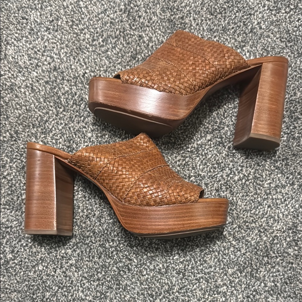 Frye Brown Leather Mules with Chunky Heel